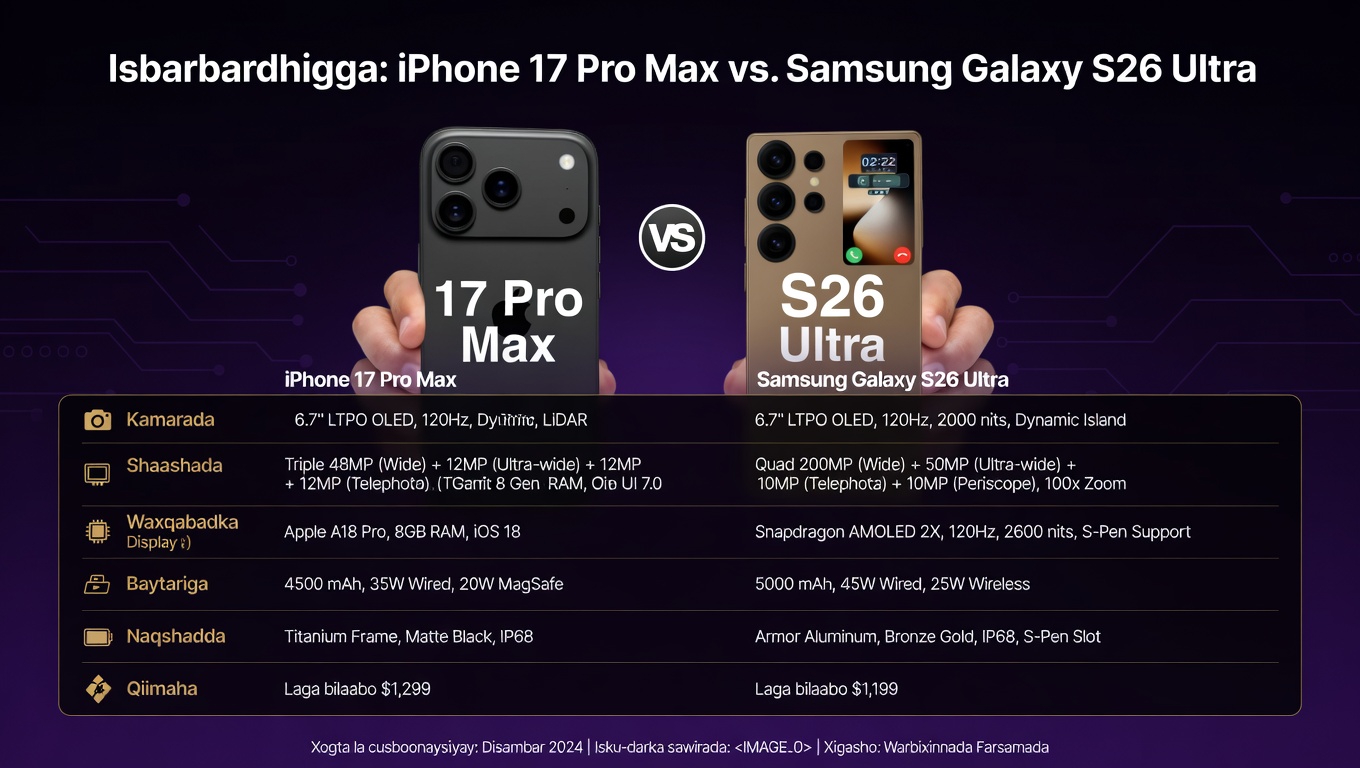 iPhone 17 Pro Max iyo Samsung Galaxy S26 Ultra Isbarbardhigga : iPhone 17 Pro Max vs. Samsung Galaxy S26 Ultra